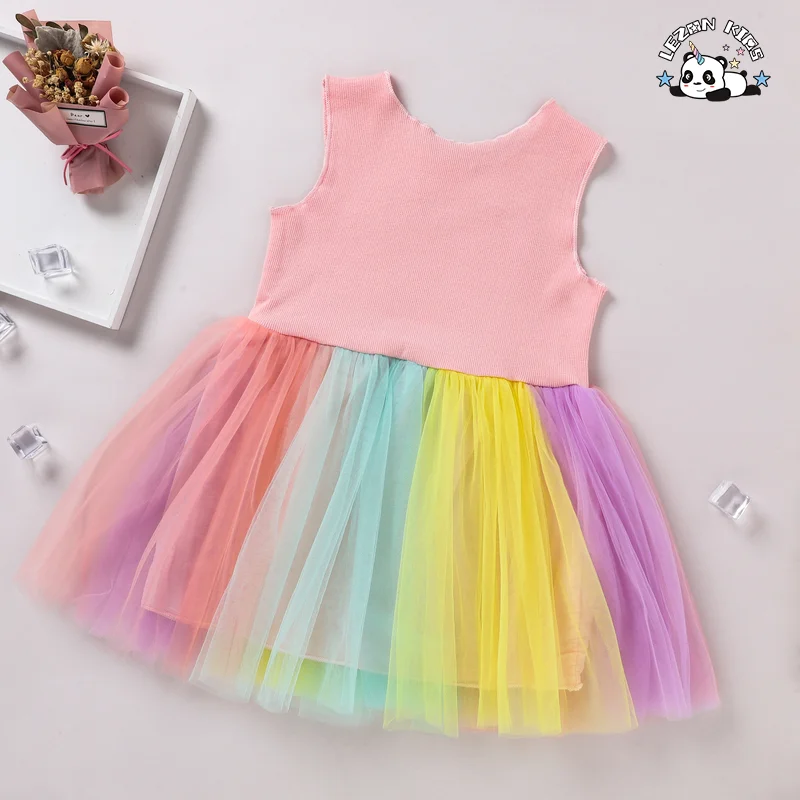 LEZONKIDS - Customizable Wholesale Sequined unicorn Print Stitching Dress Colorful Mesh Puffy Sweet Girls Princess Dress
